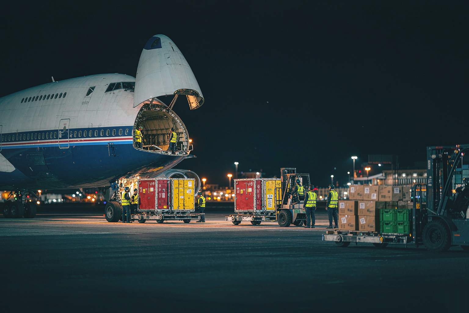 Cargo aircraft loading at night